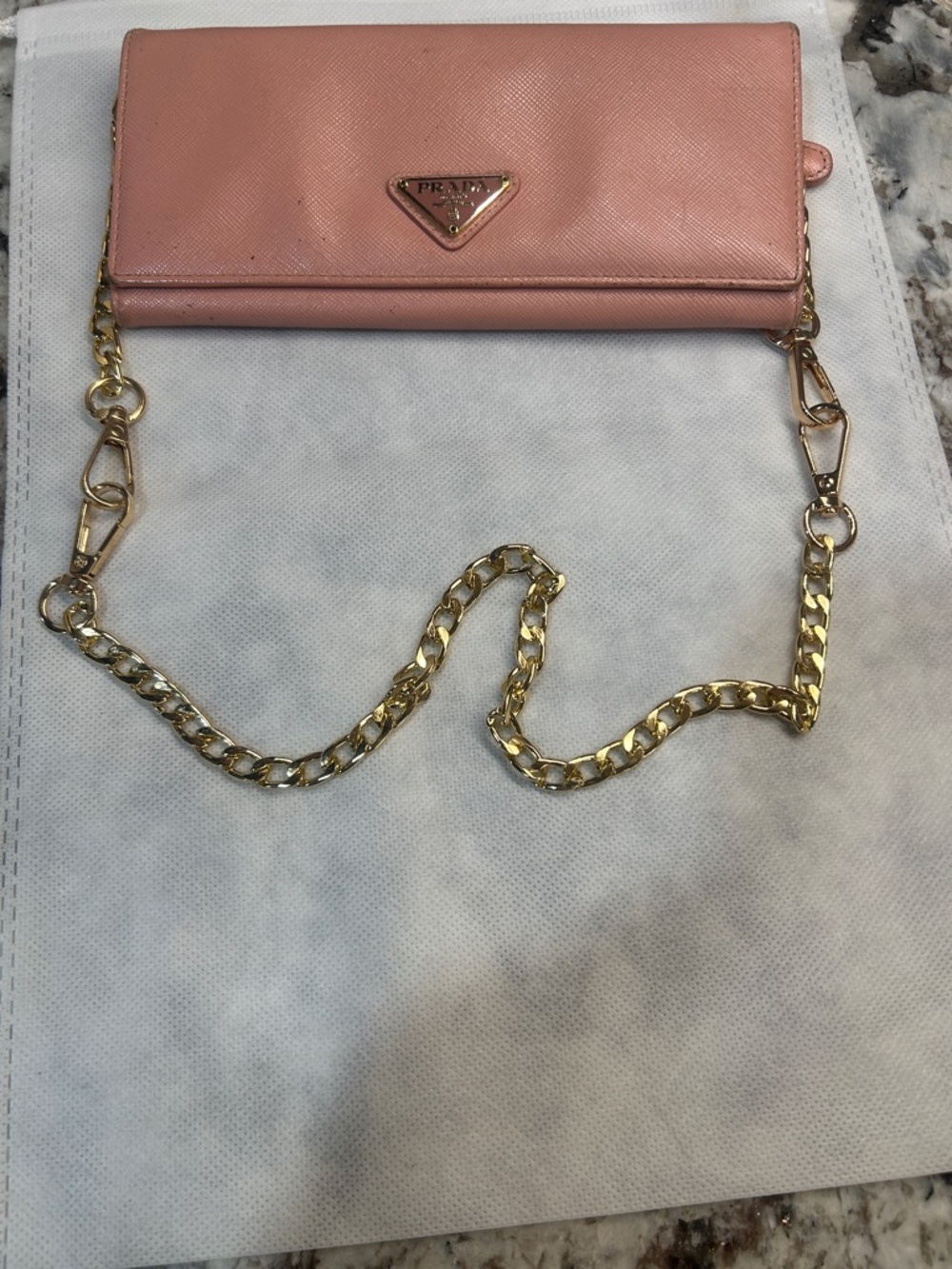 Prada Pink Saffiano Leather Chain Clutch Wallet